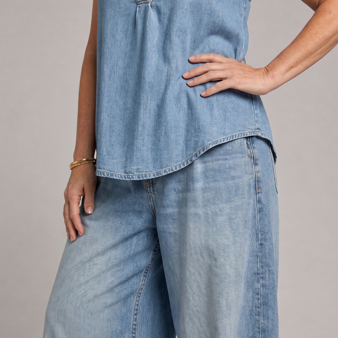 Tallyn | Halter Neck Denim Top And Wide Leg Pants Set
