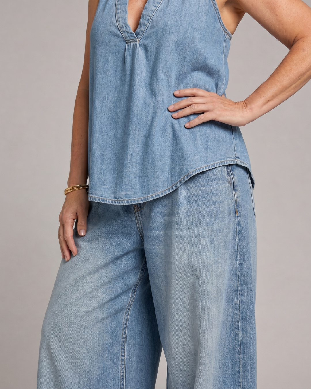 Tallyn | Halter Neck Denim Top And Wide Leg Pants Set
