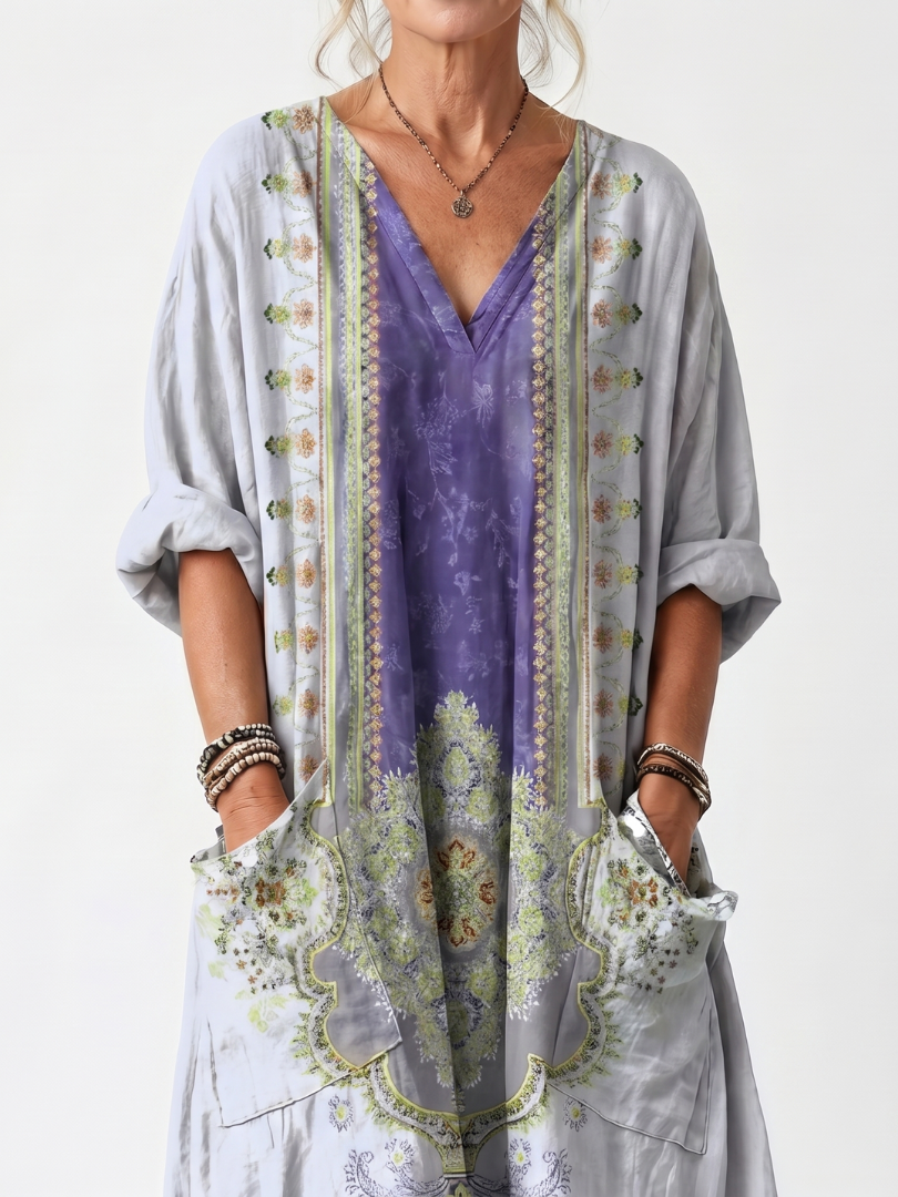 Dorwen | Contrast Panel Embroidered Oversized Pocket Midi Dress