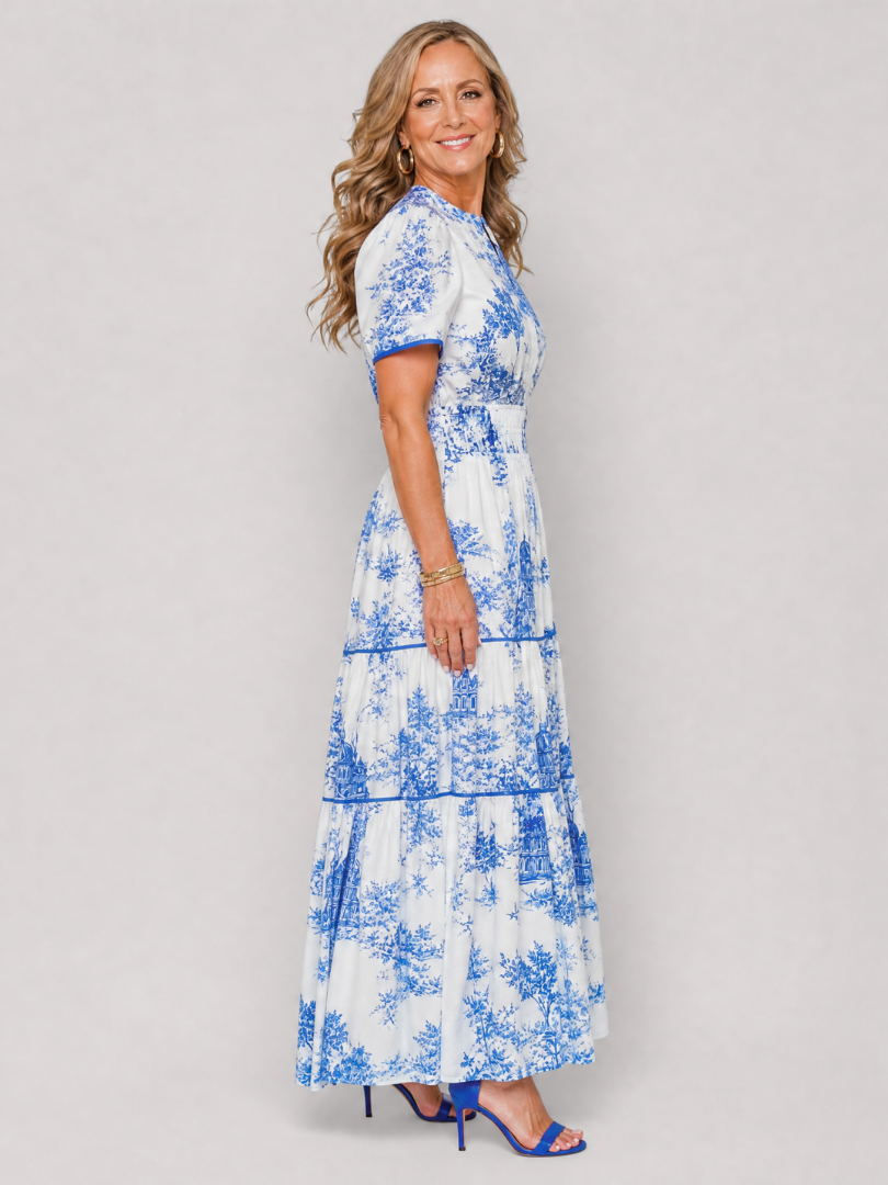 Fiobeth | Printed Short Sleeve Tiered Midi Dress