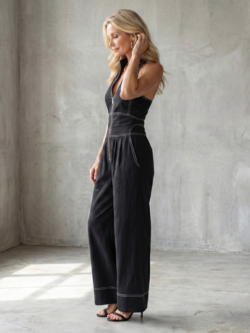 Maewyn | Zip Front Contrast Stitch Wide Leg Jumpsuit
