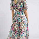 Wrennawen | V Neck Short Sleeve Gathered Waist Midi Dress