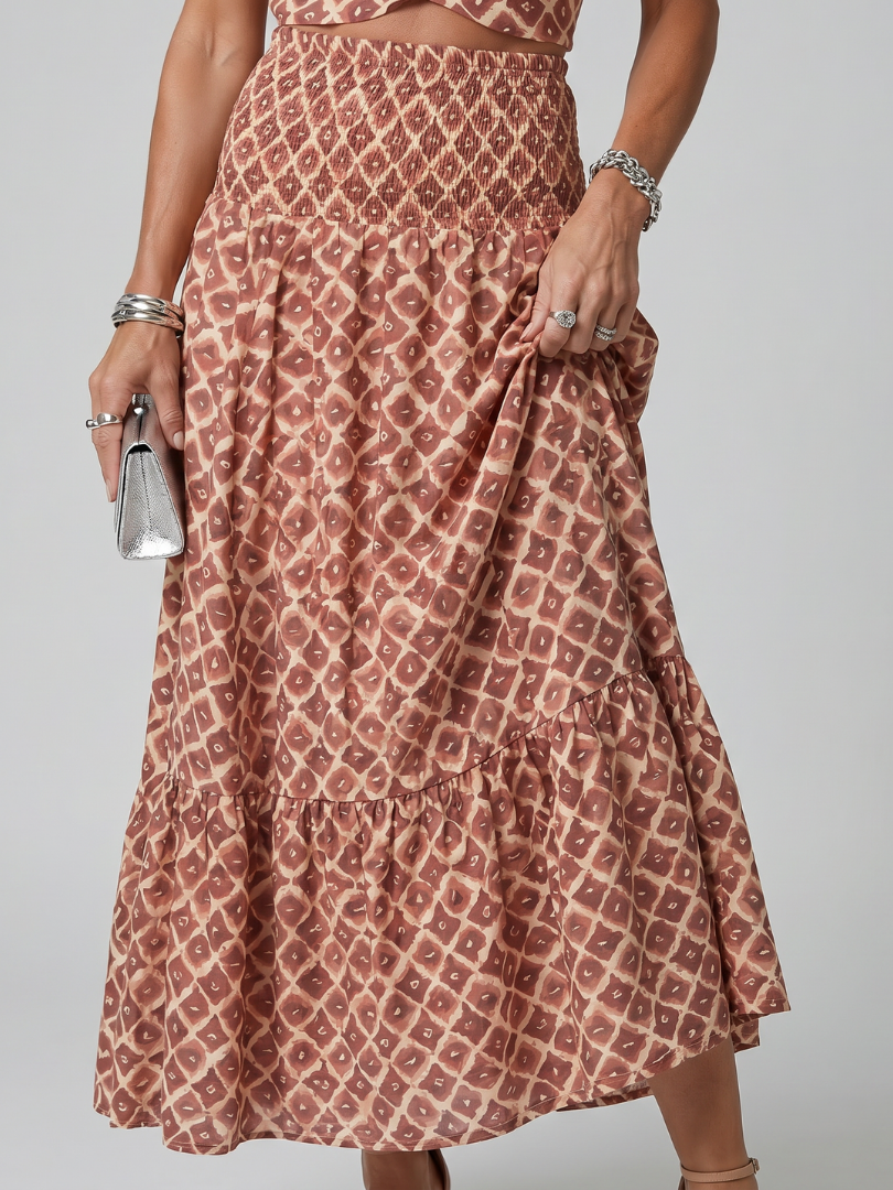 Vidarin | Cross Halter Geometric Print Cutout Midi Dress
