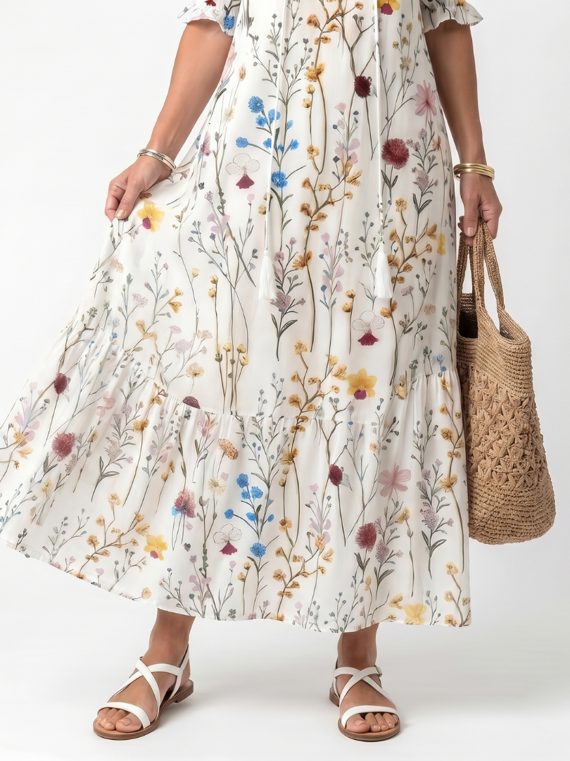 Magdamae | Botanical Print Tassel Tie Midi Dress