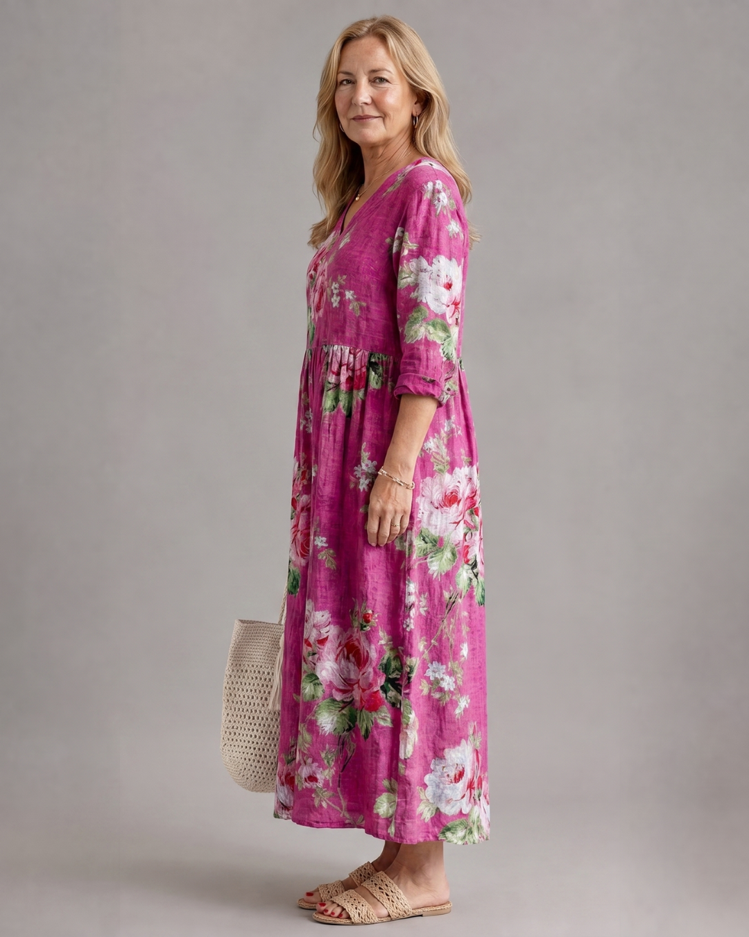 Elorina | Vintage Rose Print Gathered Waist Midi Dress