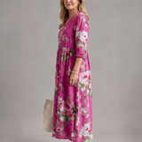 Elorina | Vintage Rose Print Gathered Waist Midi Dress