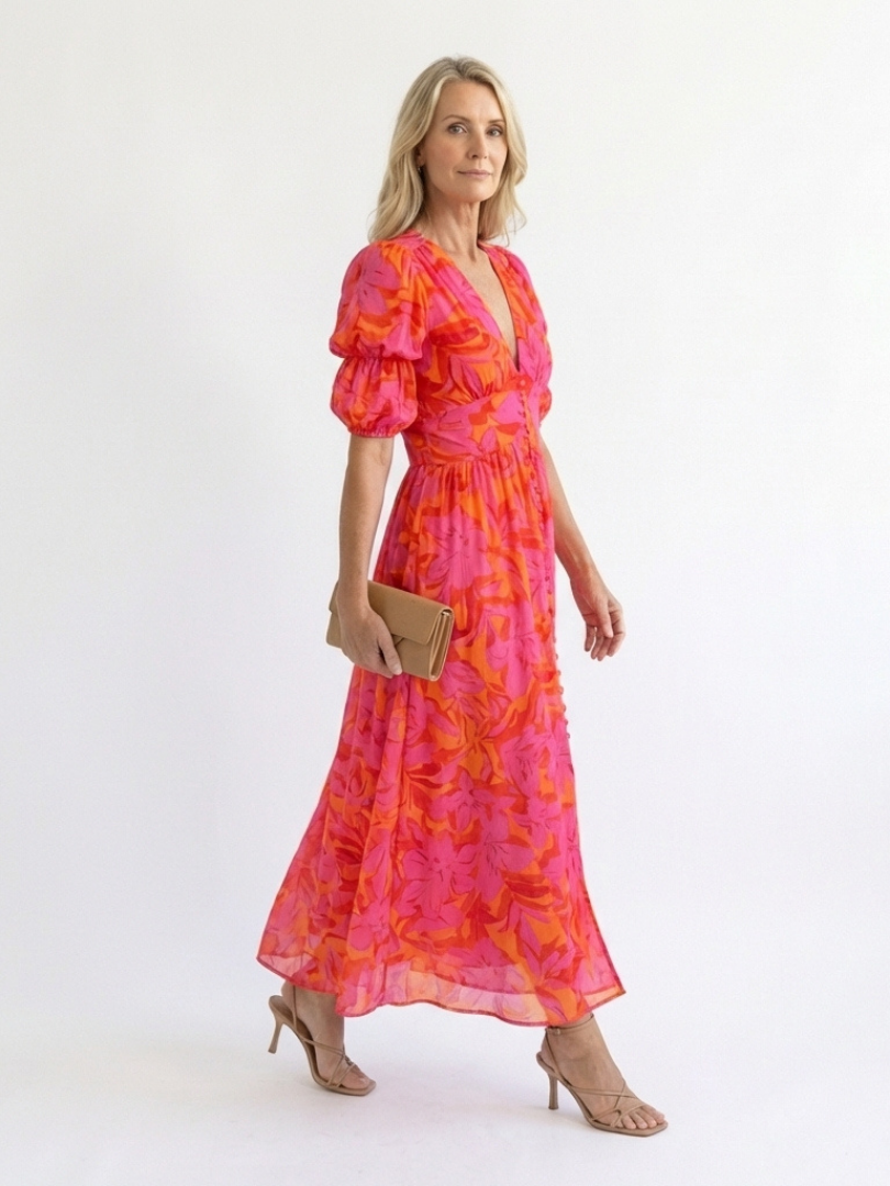 Gretasia | Floral V Neck Puff Sleeve Midi Dress