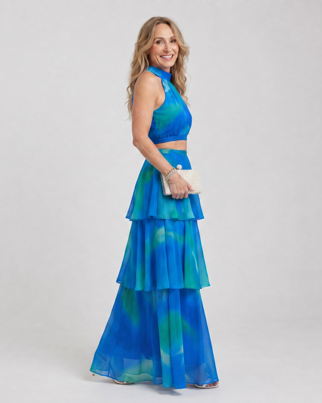 Vellora | Natural Floral Halter Cutout Tiered Maxi Dress