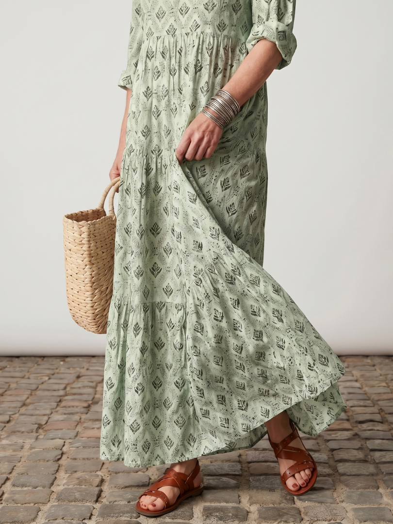 Teswen | Notch Neck Printed Long Sleeve Maxi Dress