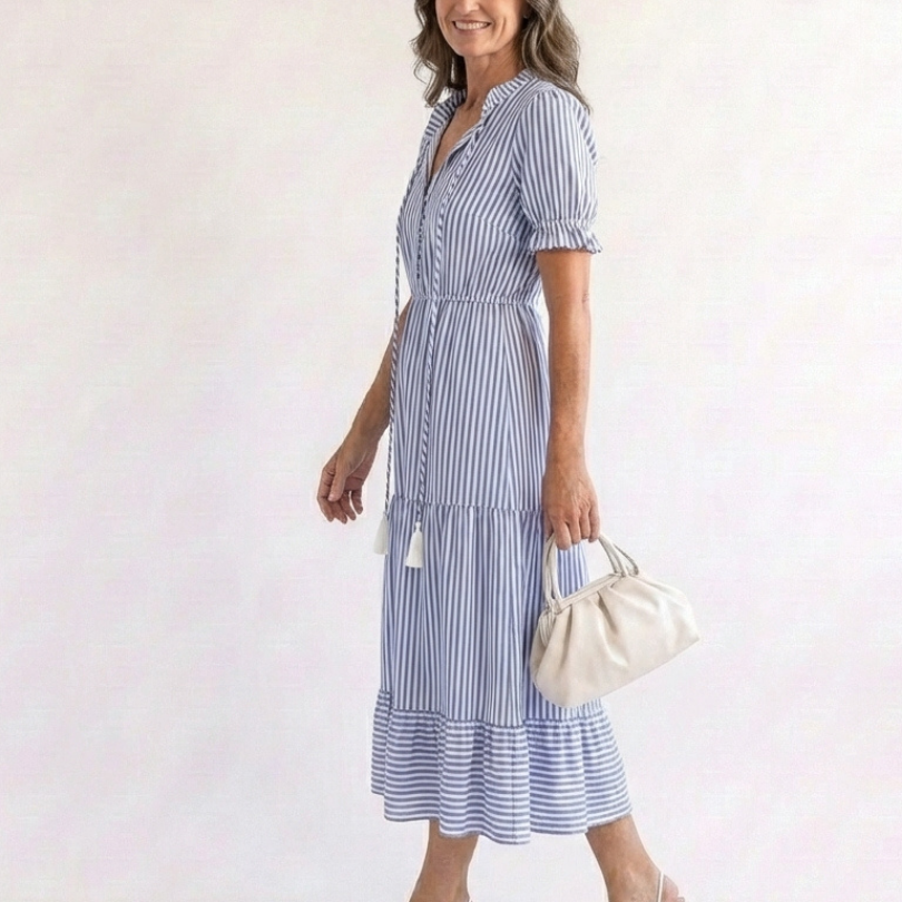 Romysia | Short Sleeve Striped Tiered Midi Dress