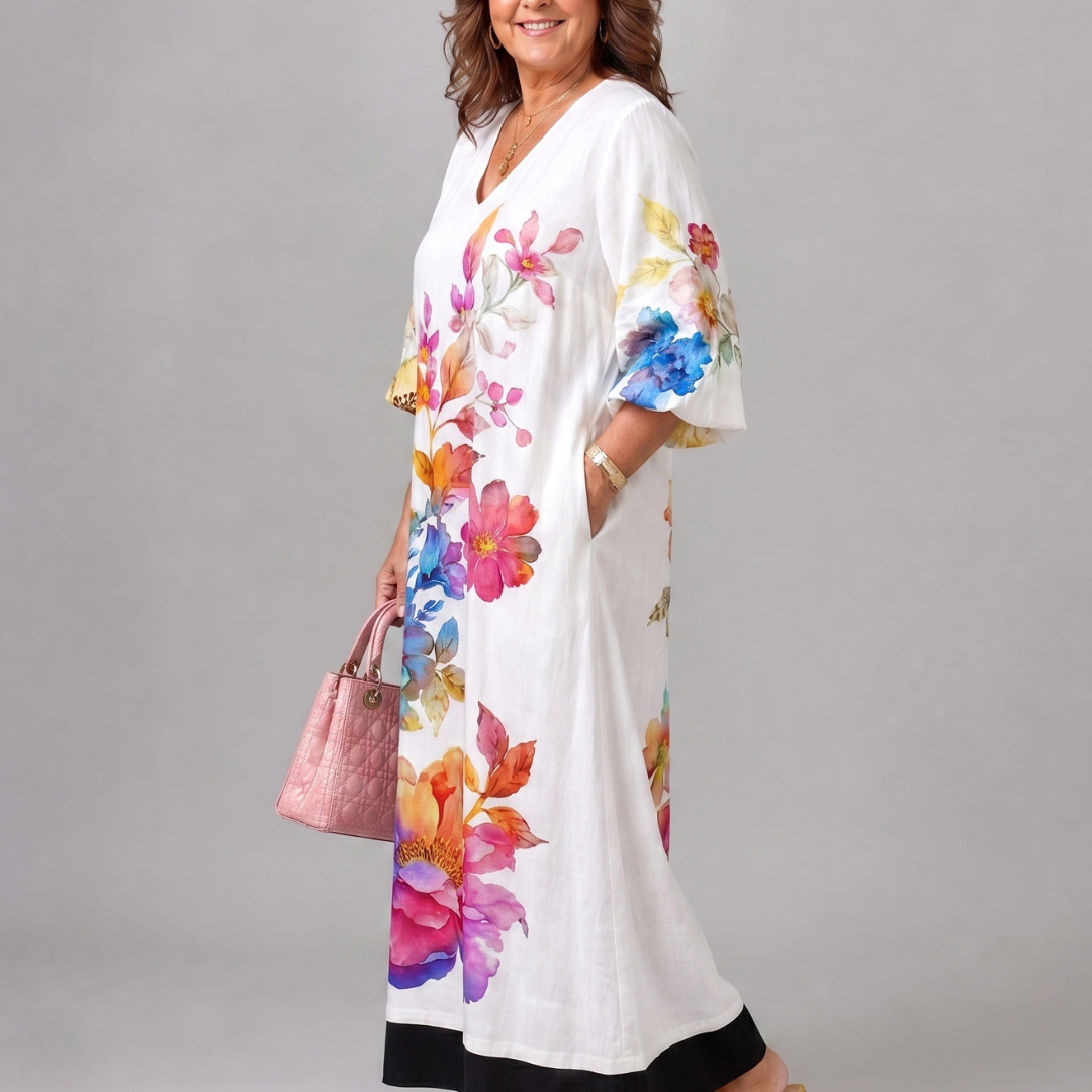Callada | Watercolor Bloom Print Flowing Pocket Midi Dress