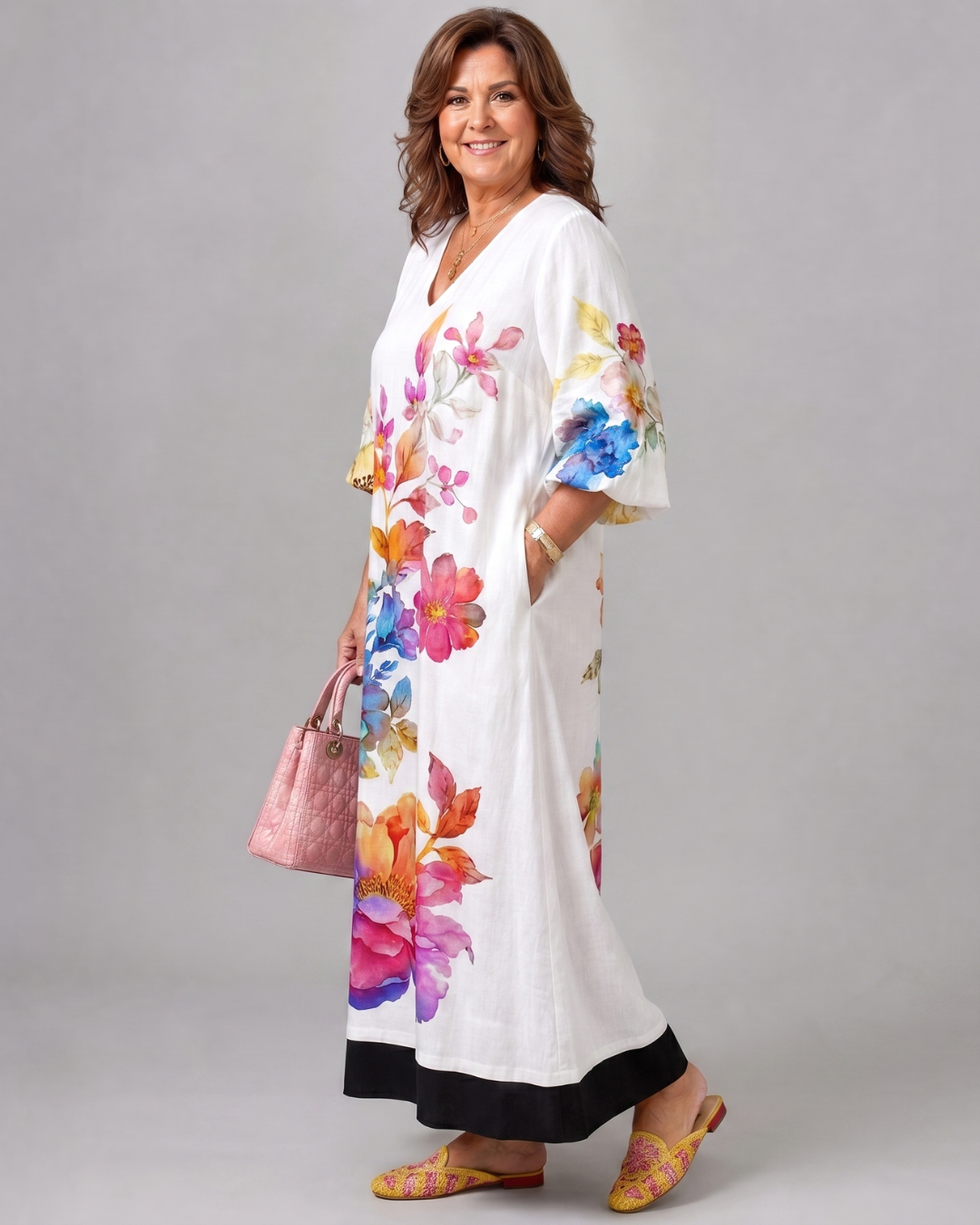 Callada | Watercolor Bloom Print Flowing Pocket Midi Dress