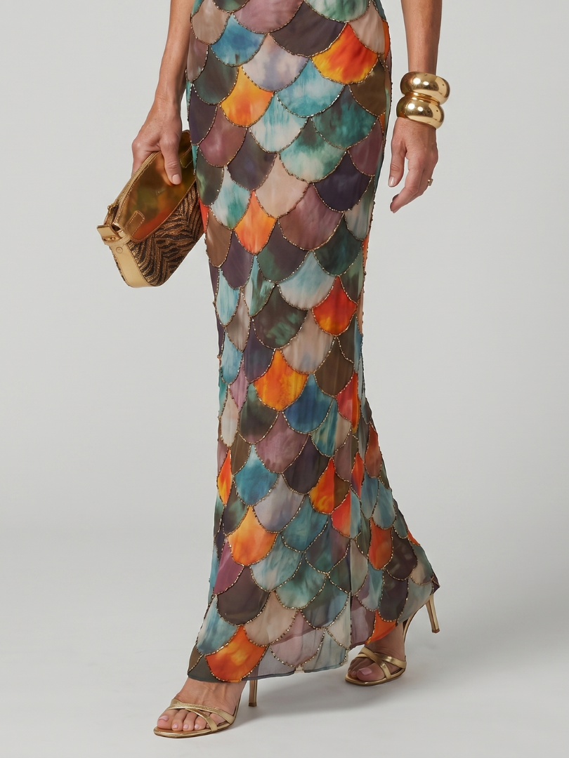 Isabelle | Fitted Multicolor Scale Pattern Maxi Dress