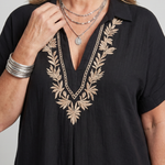 Kalthea | Short Sleeve V Neck  Embroidered Detail Midi Dress