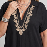 Kalthea | Short Sleeve V Neck  Embroidered Detail Midi Dress