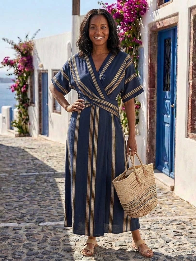Esmebelle | V Neck Short Sleeve Striped Wrap Midi Dress