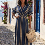 Esmebelle | V Neck Short Sleeve Striped Wrap Midi Dress