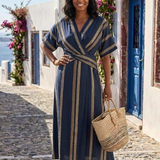 Esmebelle | V Neck Short Sleeve Striped Wrap Midi Dress