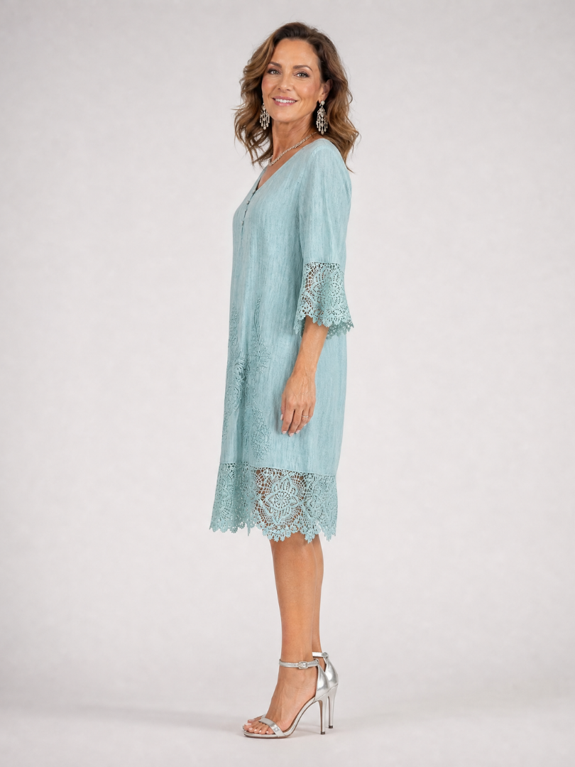 Kalnia | Embroidered Lace Trim Shift Midi Dress