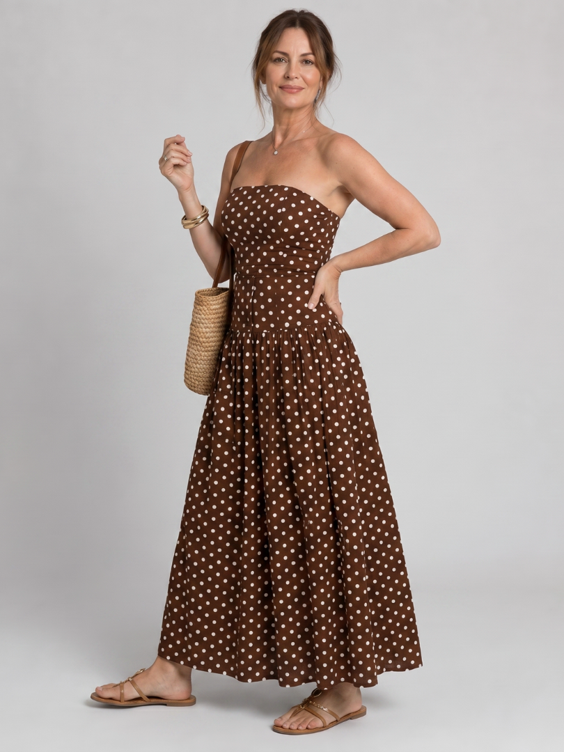 Romisette | Strapless Polka Dot Pattern Midi Dress