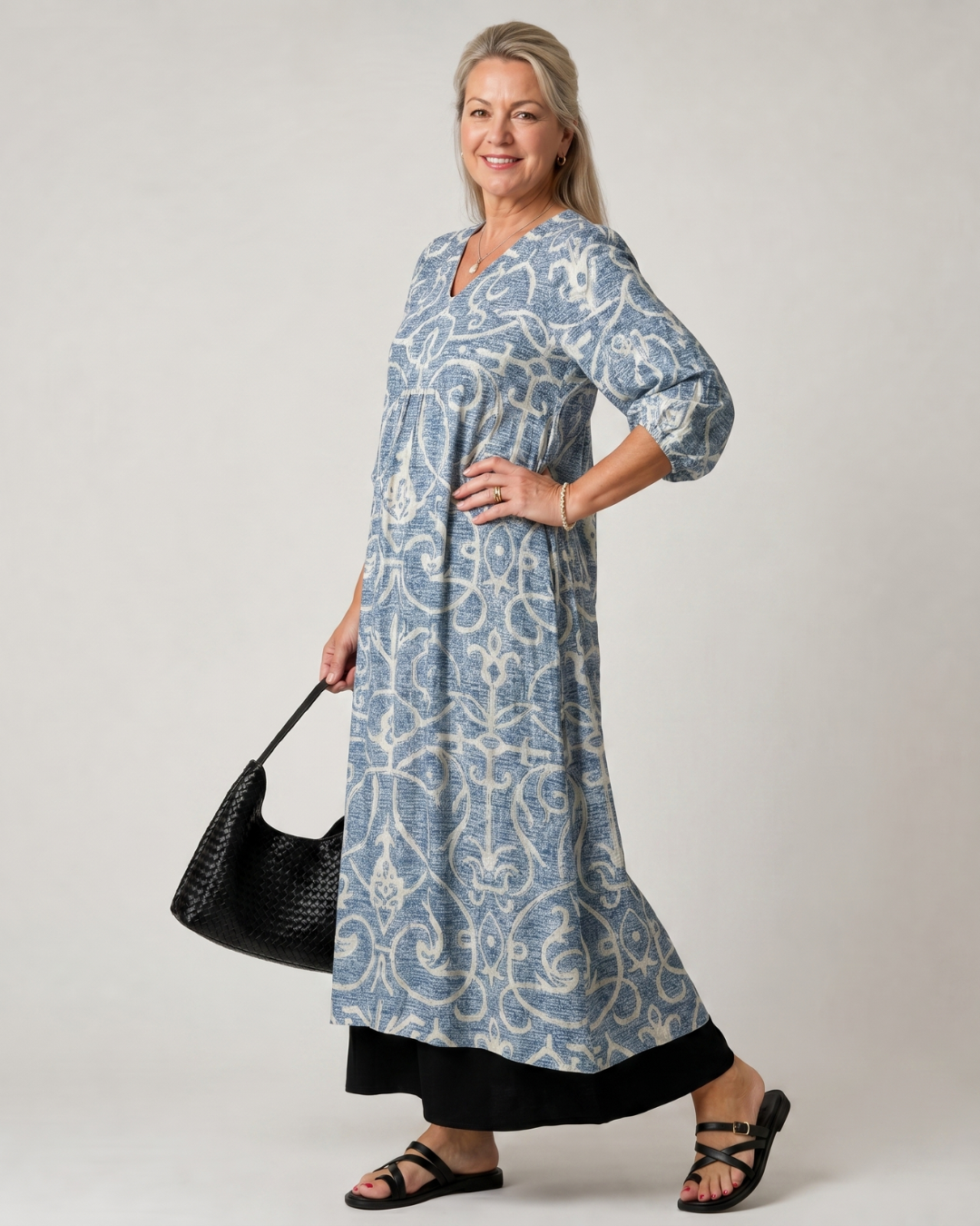 Verra | Vintage Scroll Print Soft Drape Midi Dress
