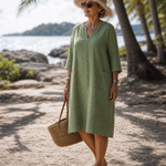 Laendra | Textured V Neck Three Quarter Sleeve Knee Length Dress