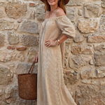 Orlarina | Off Shoulder Vertical Stripe Pattern Midi Dress