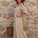 Orlarina | Off Shoulder Vertical Stripe Pattern Midi Dress