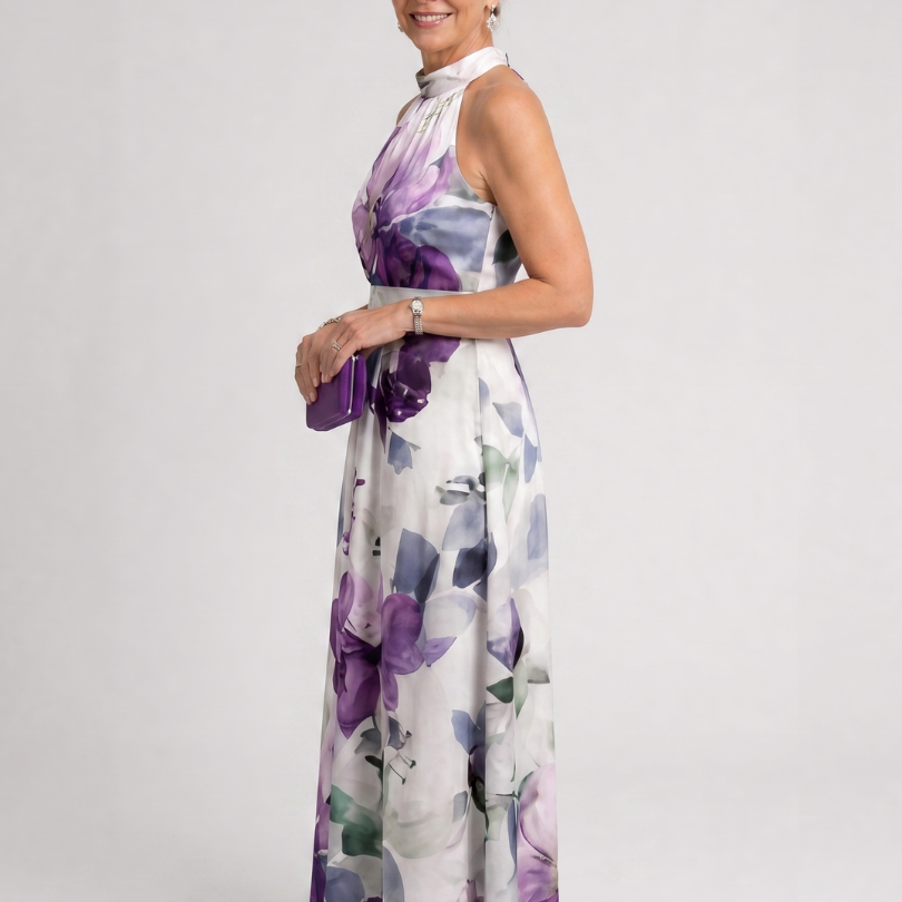 Teslia | Soft Bloom Halter Neck Flowing Midi Dress