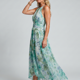 Milmarie | Pleated Halter Soft Floral Pattern Midi Dress