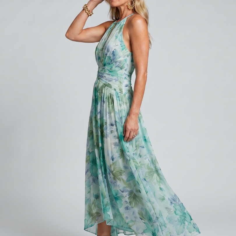 Milmarie | Pleated Halter Soft Floral Pattern Midi Dress