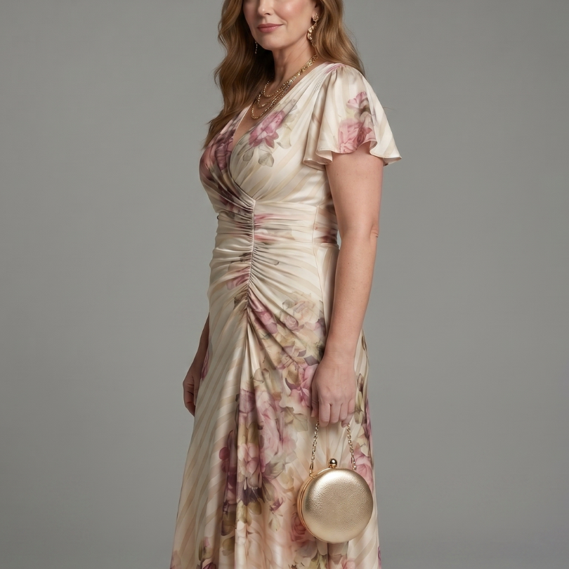 Romyssa | Flutter Sleeve Wrap Floral Stripe Print Midi Dress