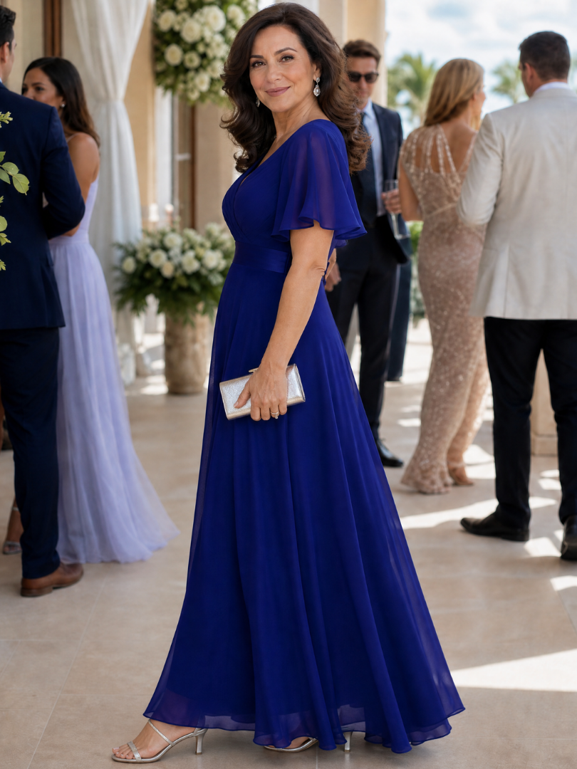 Taliamarie | Short Flutter Sleeve Defined Waist Maxi Dress