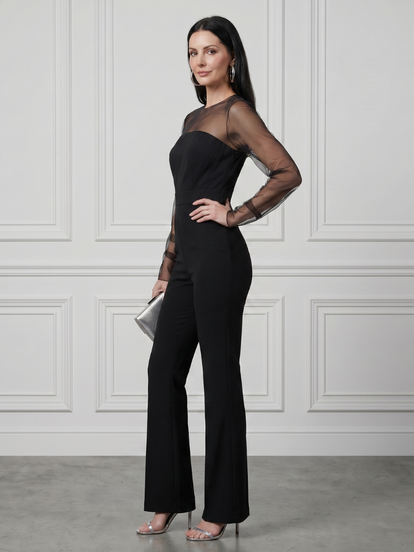 Thalette | Sheer Fitted Bodice Flared Leg Jumpsuit