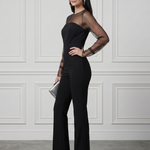 Thalette | Sheer Fitted Bodice Flared Leg Jumpsuit