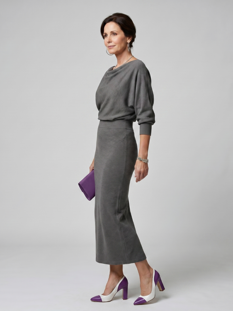 Saffwynne | Draped Neckline Fitted Skirt Midi Dress
