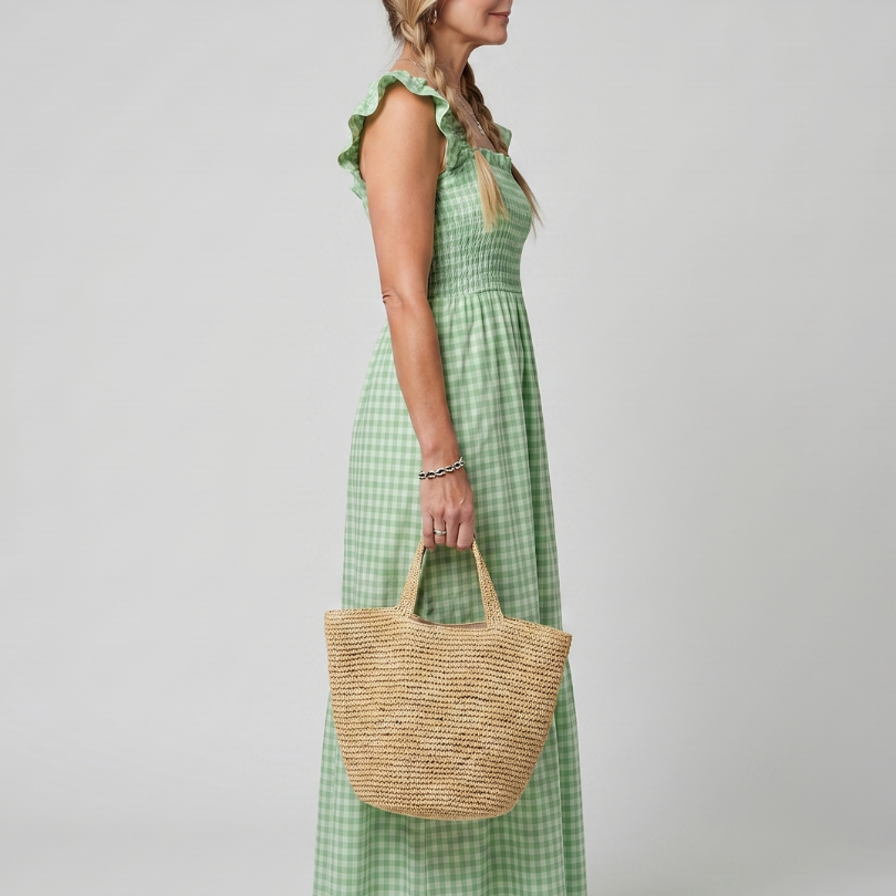 Sabdra | Sleeveless Square Neck Gingham Pattern Midi Dress