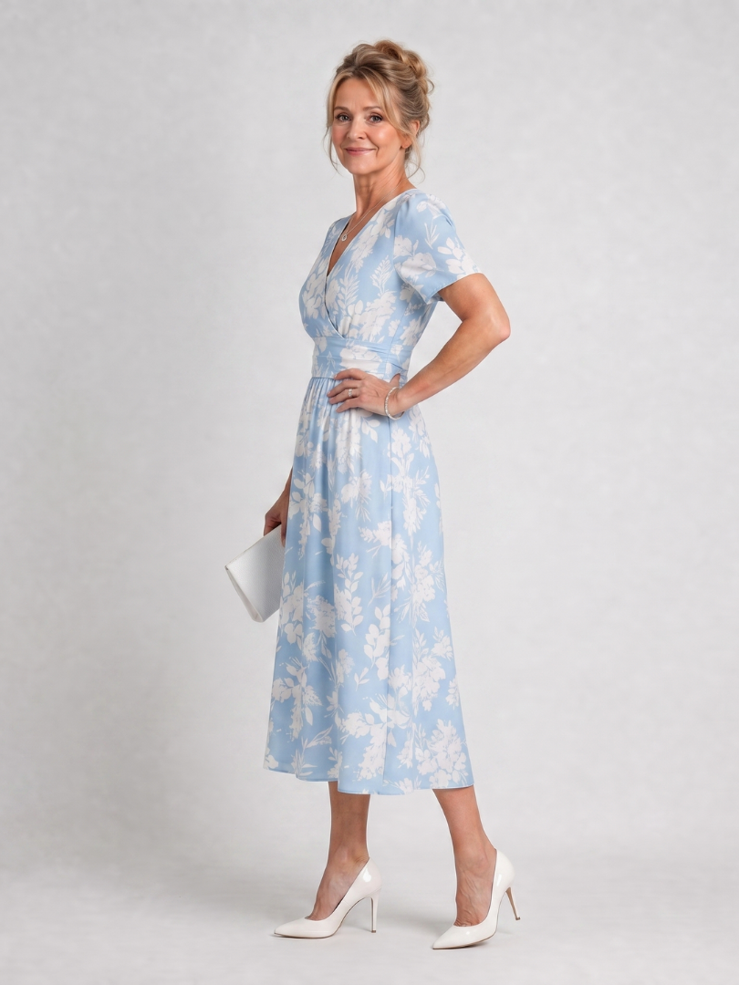 Serwynne | Floral Print Short Sleeve V Neck Midi Dress