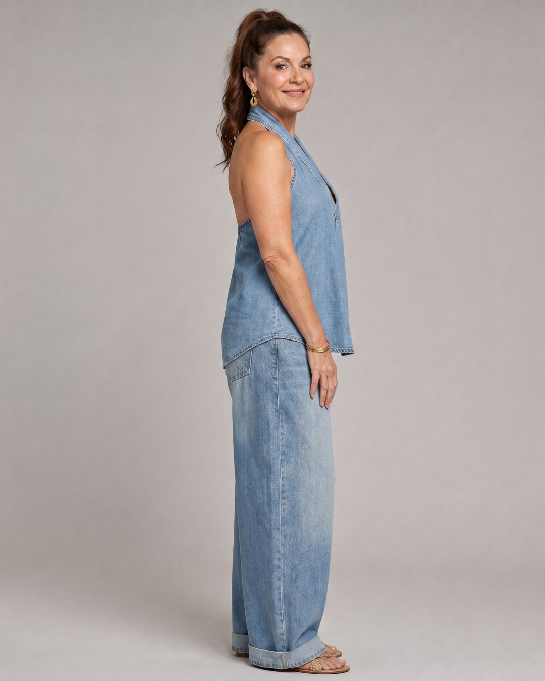 Tallyn | Halter Neck Denim Top And Wide Leg Pants Set