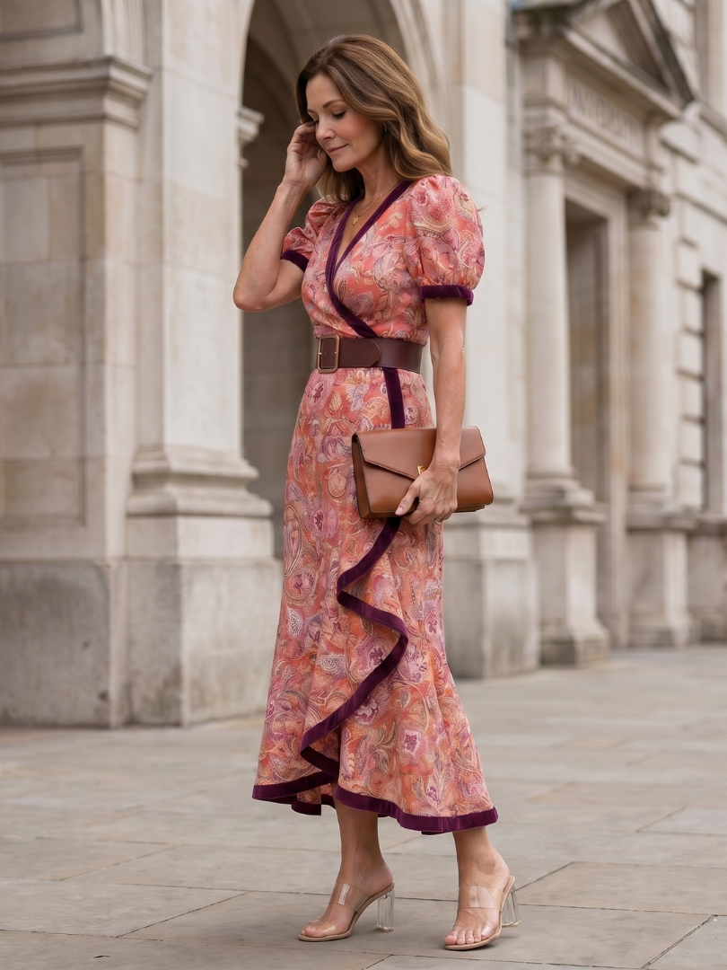 Delwen | Wrap Style Puff Sleeve Midi Dress