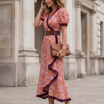 Delwen | Wrap Style Puff Sleeve Midi Dress