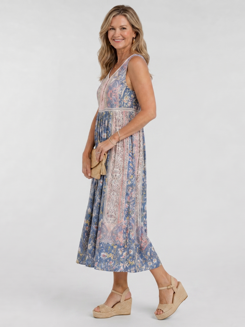 Penwyn | Mixed Floral Sleeveless Button Detail Midi Dress