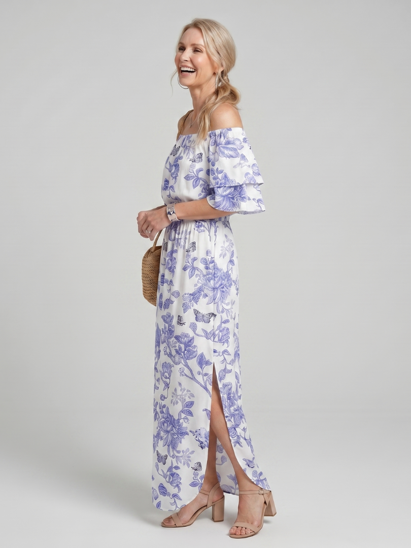 Orlalia | Off Shoulder Soft Floral Print Midi Dress