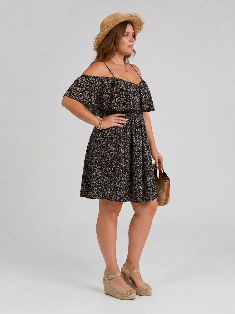 Lilana | Cold Shoulder Ruffle Overlay Knee Length Dress