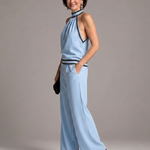Elira | Contrast Trim Halter Neck Wide Leg Jumpsuit