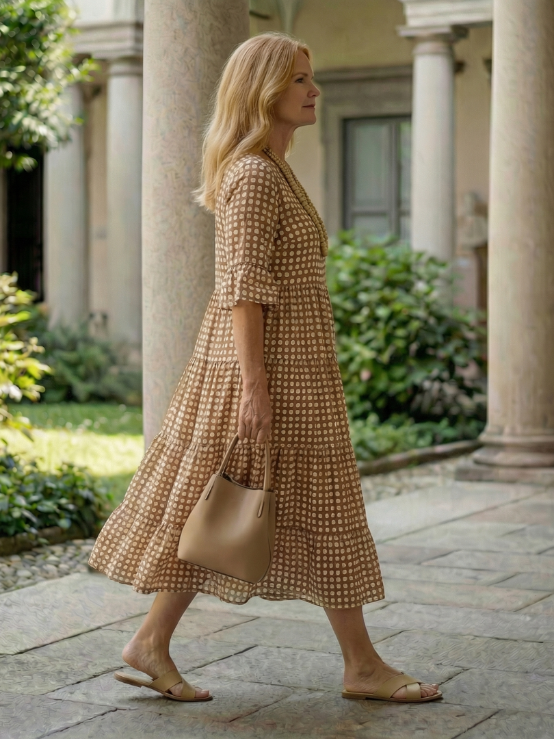 Thalwynne | Polka Dot Tiered Midi Dress Short Sleeve