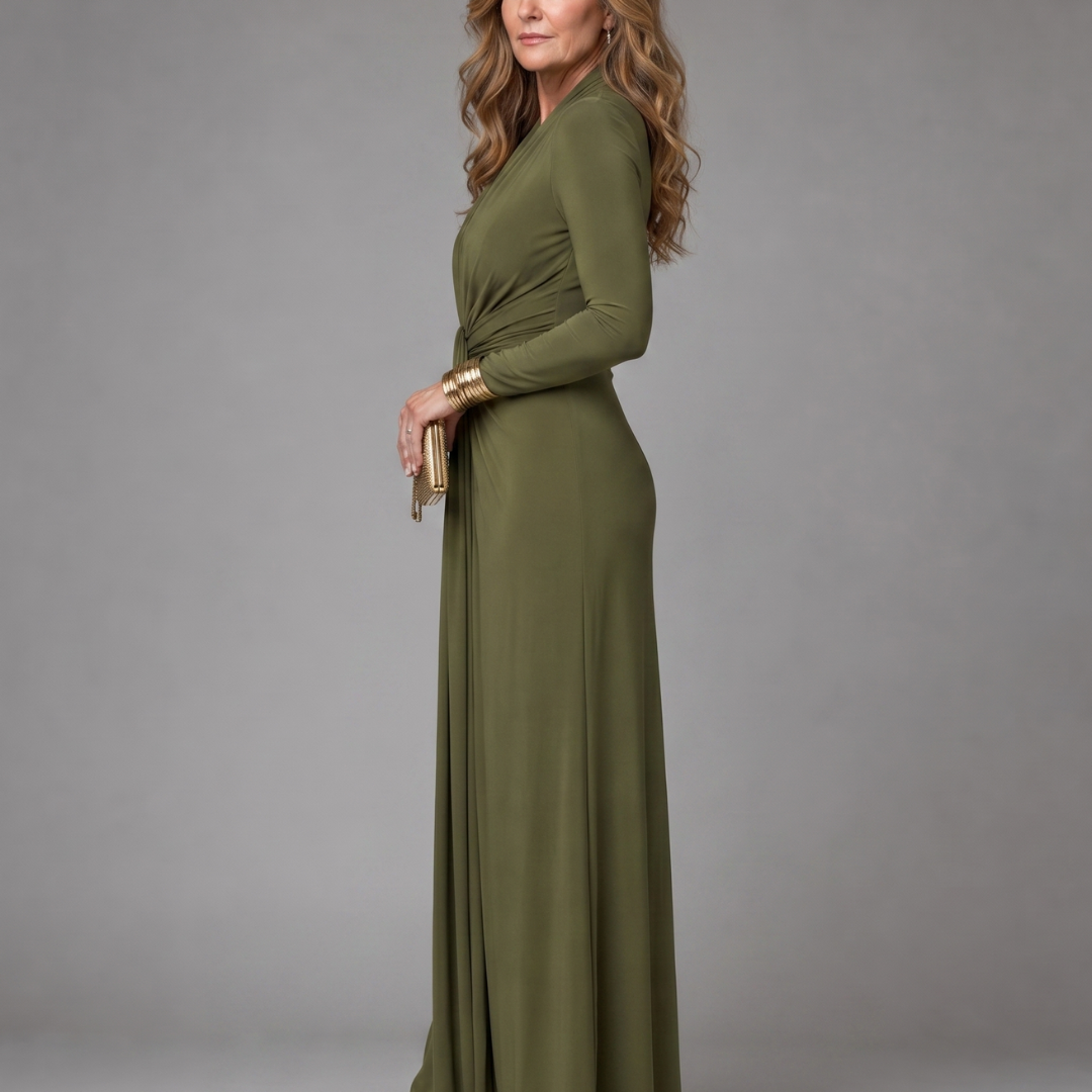 Fiondra | Draped Deep V Neck Long Sleeve Maxi Dress