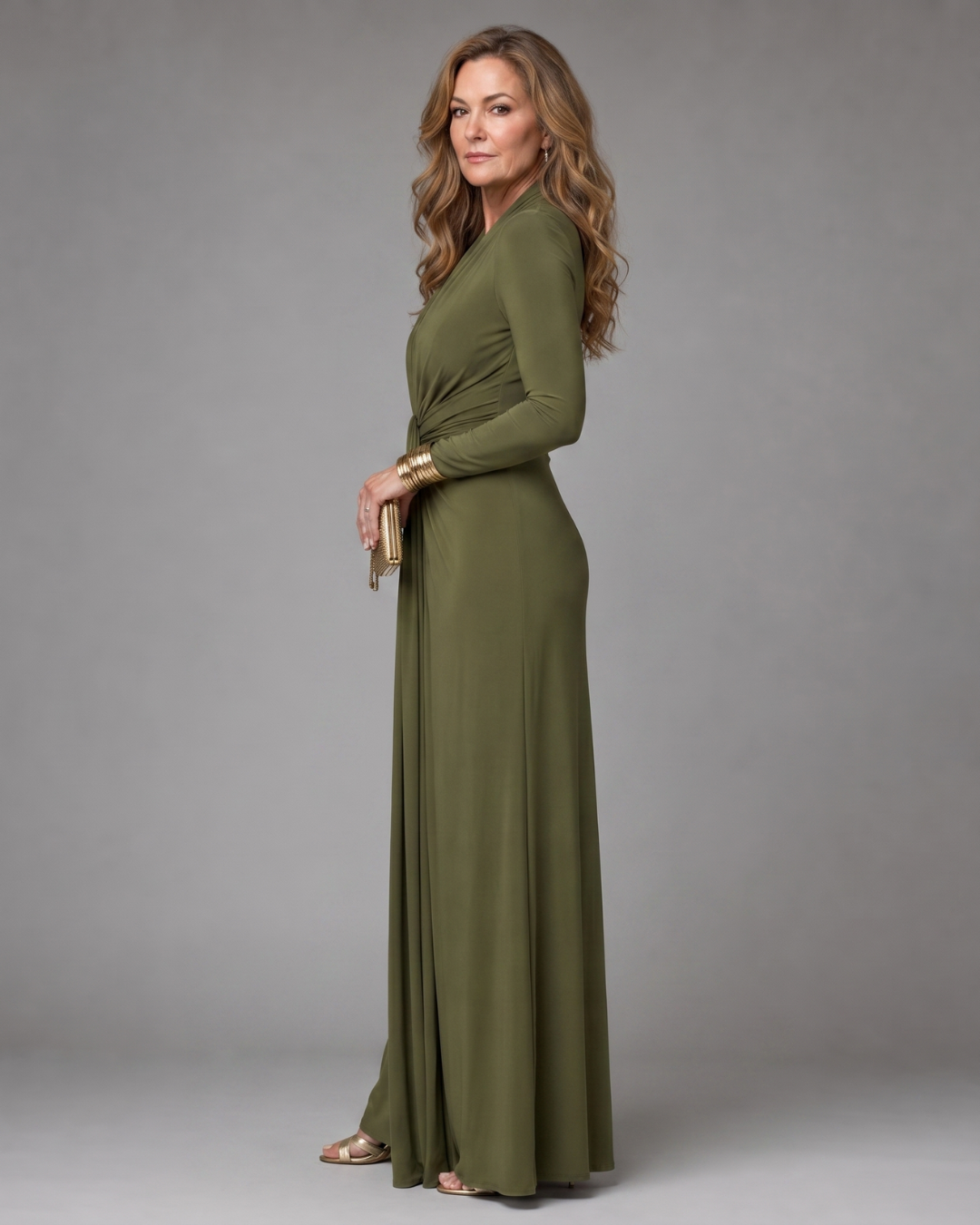 Fiondra | Draped Deep V Neck Long Sleeve Maxi Dress