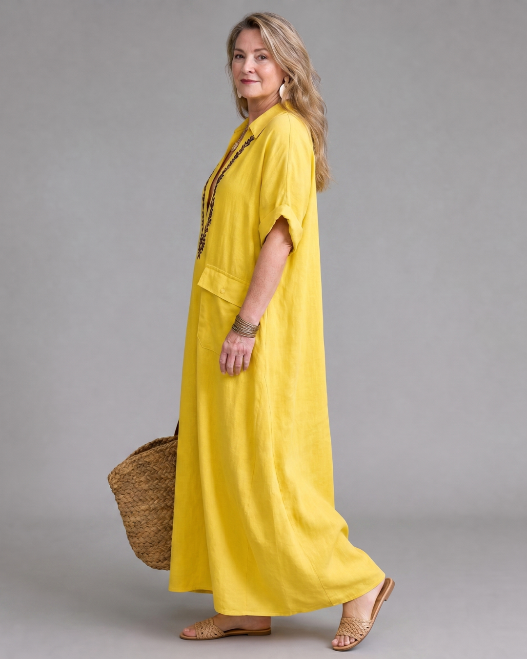 Faera | Embroidered V Neck Pocket Detail Relaxed Midi Dress