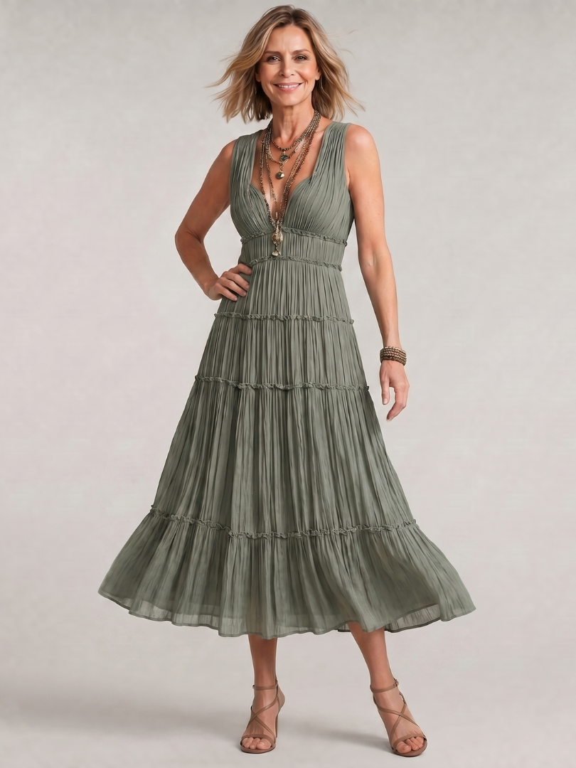 Romywynne | Pleated Sleeveless Tiered V Neck Midi Dress